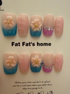 3D Floral Accent Press-On Nails in Pink, Blue, and Purple